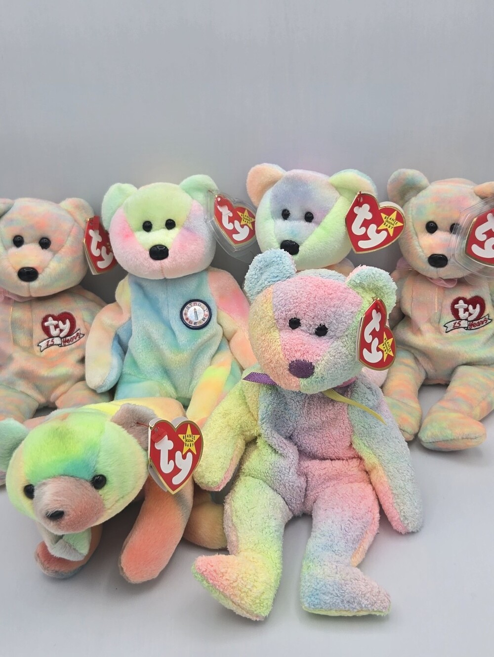 6 Vintage TY Beanie Babies Pastel Rainbow Tie Dye Plush Bear Lot w/ Tags